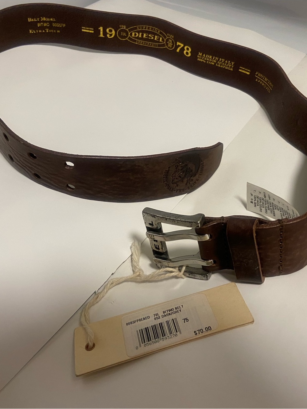 Diesel Brown Leather Belt with Double-Prong Silver Buckle